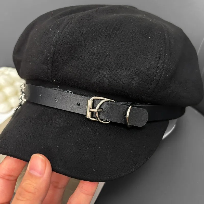 Béret de sous-culture Harajuku pour femmes, décor en cuir noir, boucle en métal, casquette gothique Punk Rock unisexe Y2K, bérets de peintre, chapeaux d'automne