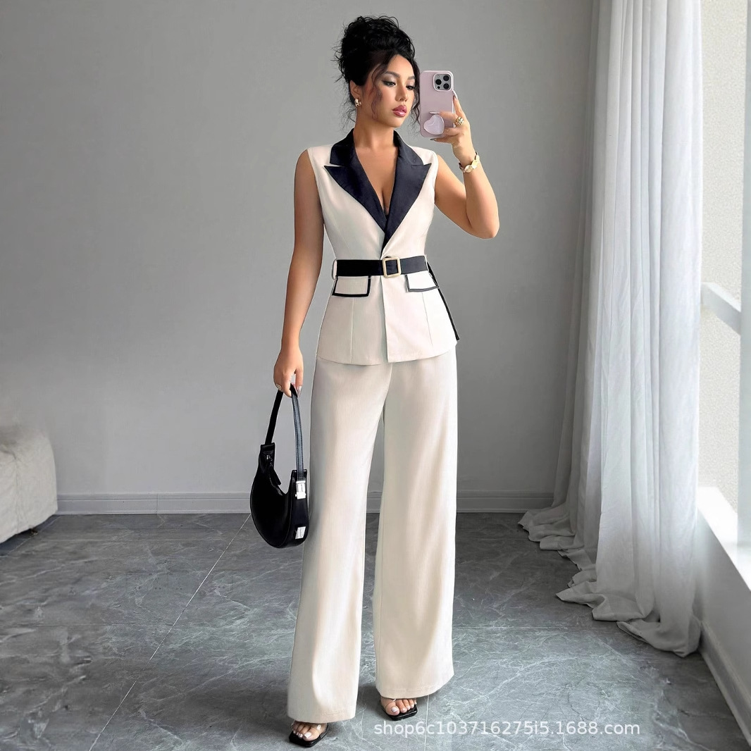 Gilet costume femmes jambe large pantalon gilet 2 pièces ensembles sans manches veste ceinture taille serrée tenues pantalon bureau dame Ensemble