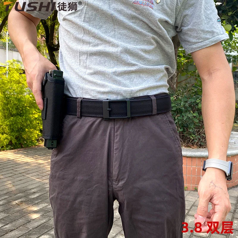 Ceinture tactique à boucle automatique en métal ferme pour hommes et femmes, ceintures suspendues épaisses à Double couche, ceinture d'entraînement robuste en plein air
