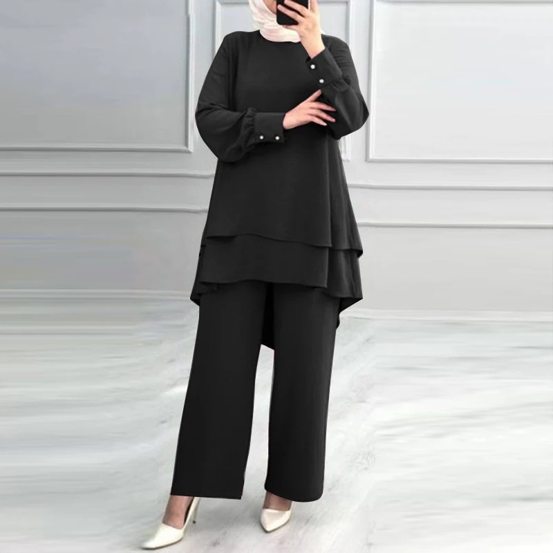 Ensemble 2 pièces pour femmes musulmanes, chemisier, Double haut, pantalon à jambes larges, costume marocain, Ramadan, Ensemble décontracté, tenues pantalon arabe de dubaï