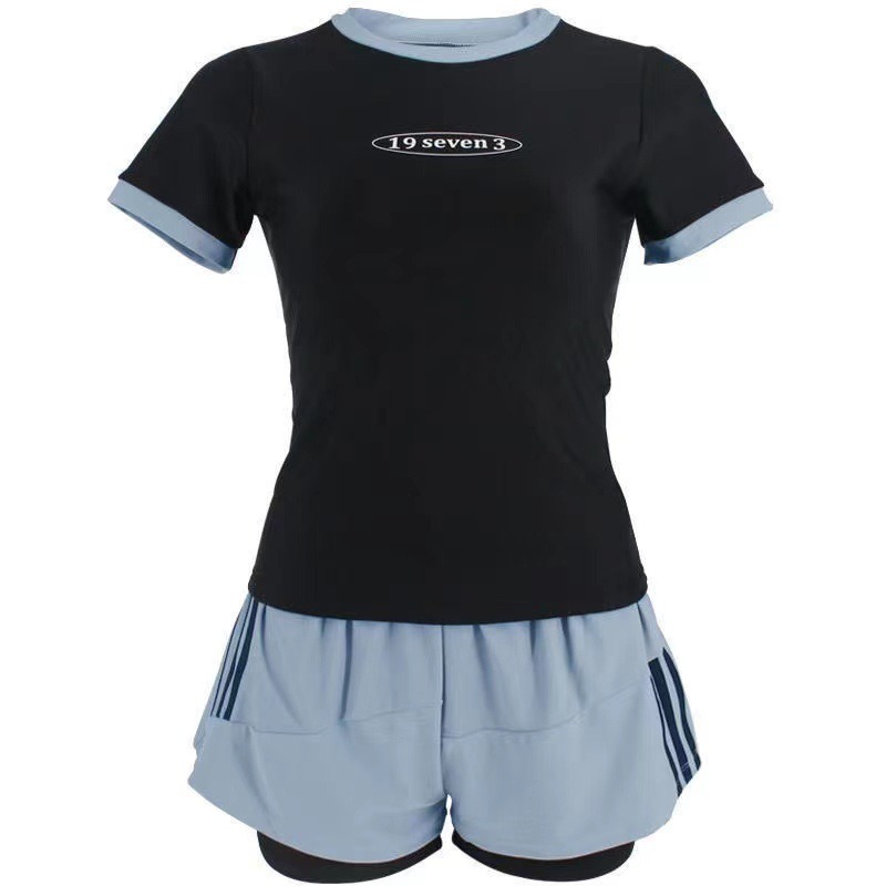 Ensemble de maillot de bain deux pièces pour femmes, avec manches courtes et short à cordon de serrage, adapté à la plage, à la piscine et à l'entraînement