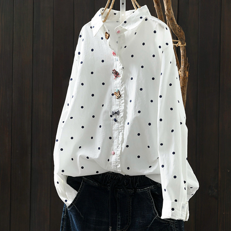 Chemisiers à manches longues en coton blanc à pois, style coréen, pour femmes d'âge mûr, collection printemps 2026