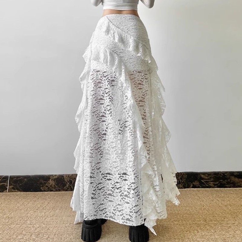 Jupe gothique années 2000, vêtements d'été pour femmes, Gyaru Kpop Streetwear, dentelle, taille haute, décontractée, esthétique, longue jupe, jupe femme, hip hop