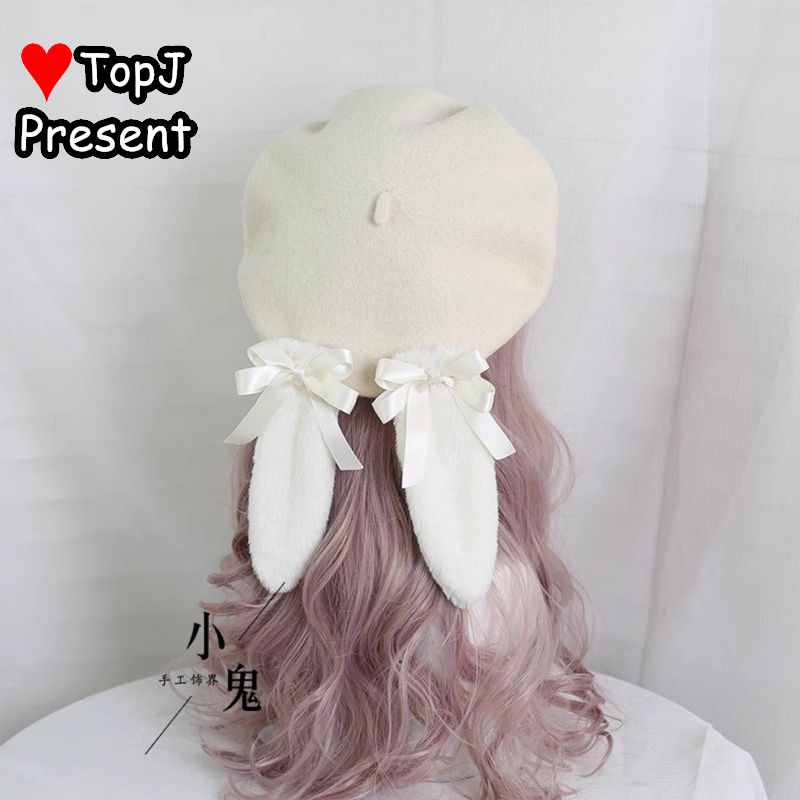 Béret gothique Lolita pour femmes, pelucheux, Harajuku, épicé, oreilles de lapin, polyvalent, rétro, Style Miss, nœud de printemps, perle, chapeau Original