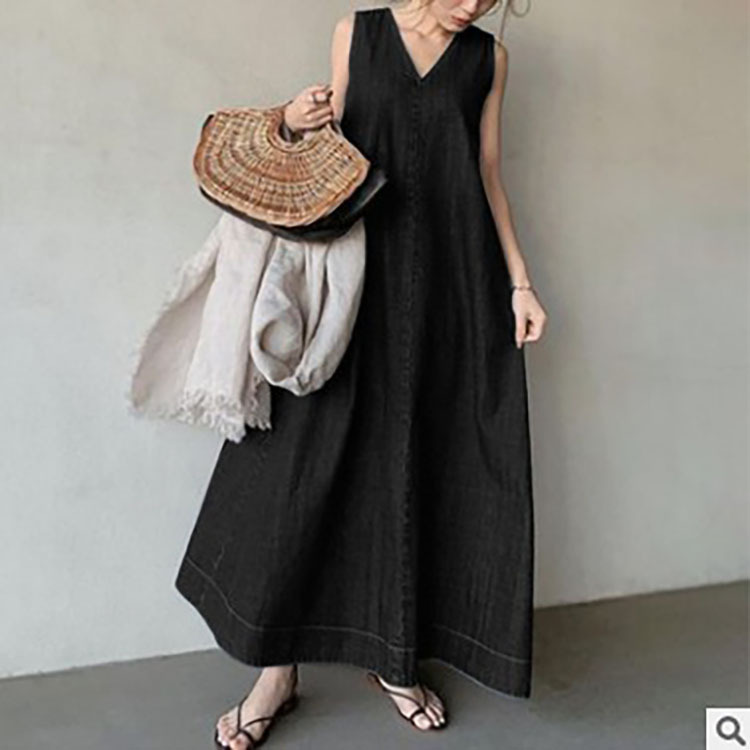 Robes pour femmes, col en V, sans manches, couleur unie, à lacets, épissé, Denim délavé, longueur cheville, robes basique, coupe ample