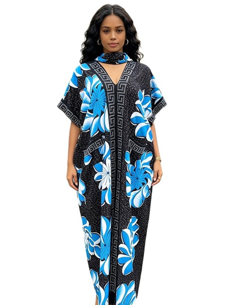 Abaya musulmane imprimée à col en V, robe longue ample et tendance avec strass, grande taille, nouvelle collection 2026, Dashiki + foulard