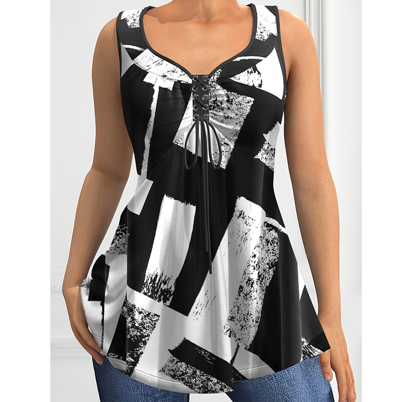 Débardeur grande taille pour femmes, col en v, ourlet incurvé, décontracté, ample, doux, sans manches, à lacets, col en v, à la mode, été