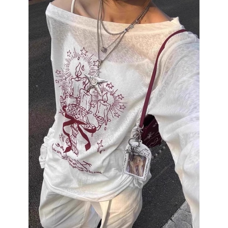 Mode coréenne t-shirts graphiques légèrement Transparent T-shirt femmes vêtements à manches longues T-shirt ample Streetwear printemps hauts