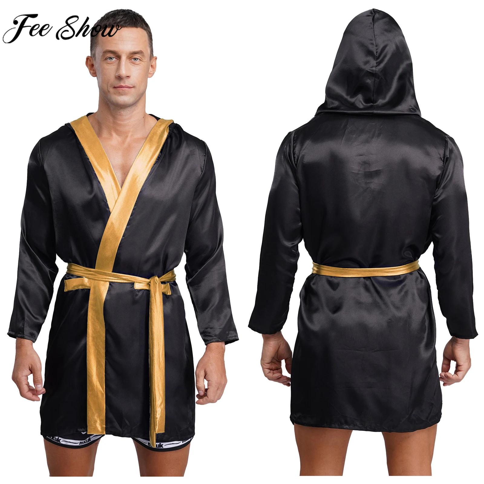 Robe de boxe pour hommes, Costume de carnaval d'halloween, Boxer, Cosplay, manches longues, ouvert sur le devant, cape à capuche en Satin métallique avec ceinture