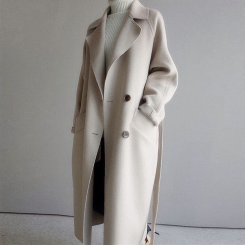 Nouveau Manteau Long en Laine à Double Boutonnage et Col Ample, Style Décontracté Français, Vêtement d'Extérieur Surdimensionné, Chaud pour l'Automne et l'Hiver, Vêtement Quotidien de Rue pour Femmes