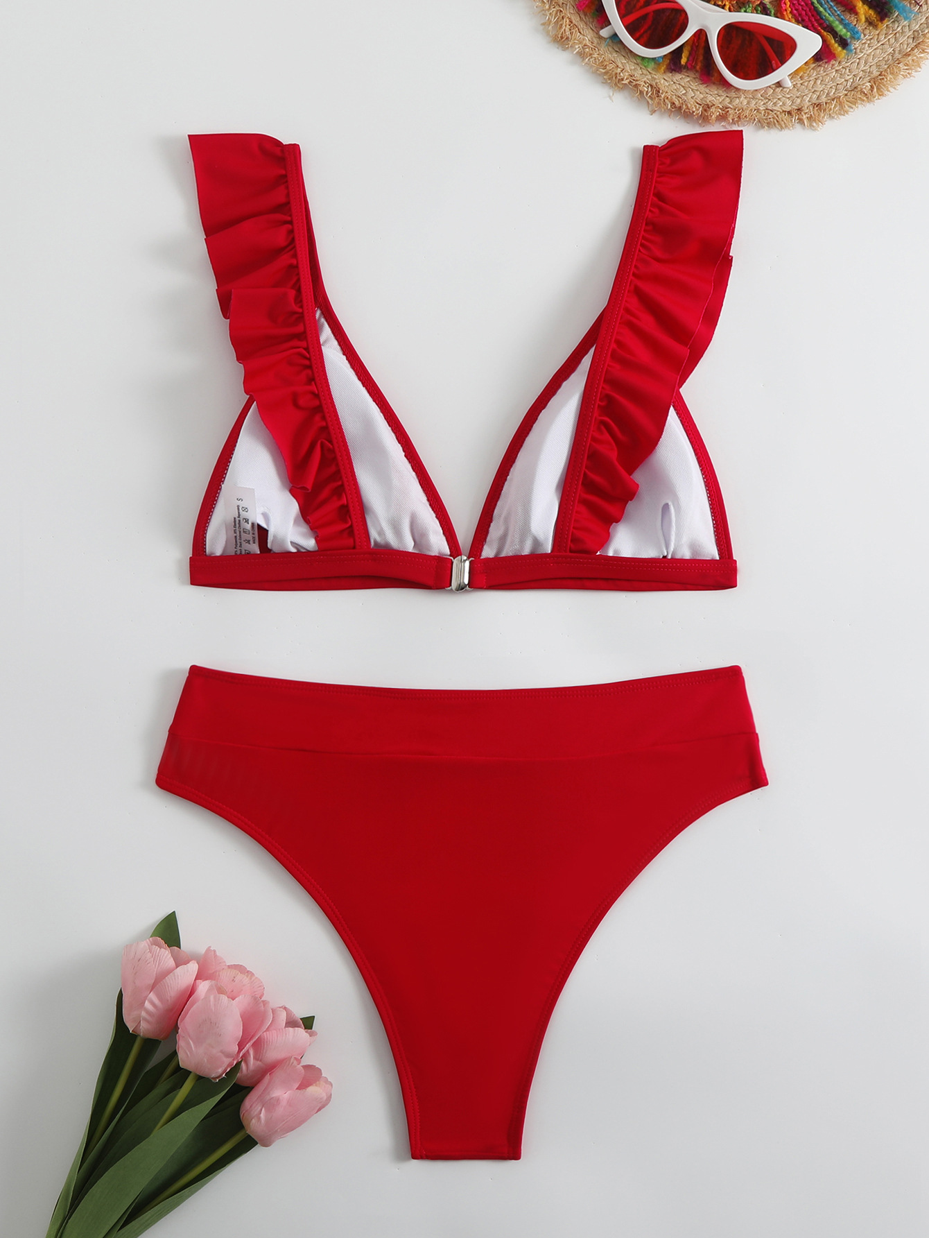 Ensemble bikini push-up à volants sexy, soutien-gorge en V, maillot de bain plissé rouge taille haute pour femme, maillot de bain d'été, ensemble de bain 2 pièces, tenue de plage 2027