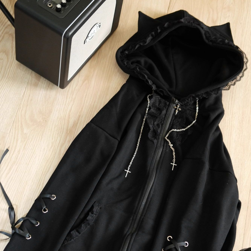 Sweat à capuche ample en dentelle noire pour femme, sous-culture gothique, esthétique, joli manteau à capuche à manches longues, décontracté, chaud, pardessus d'hiver, automne
