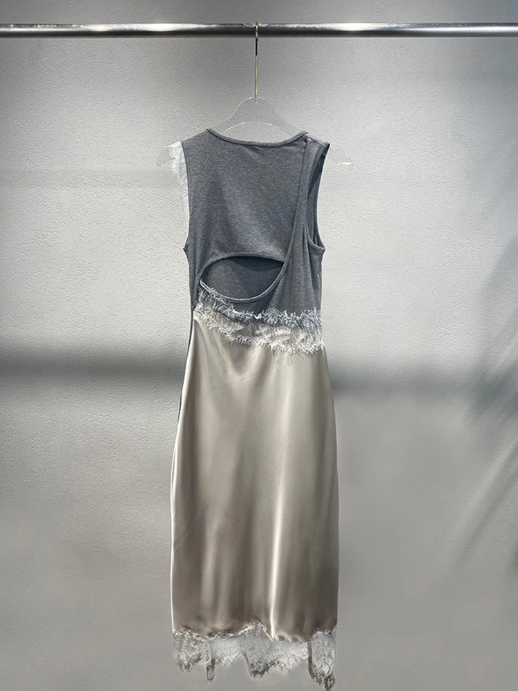 Robe tricotée à col rond pour femmes, sans manches, dentelle patchwork, élégante, mi-longue pour dames