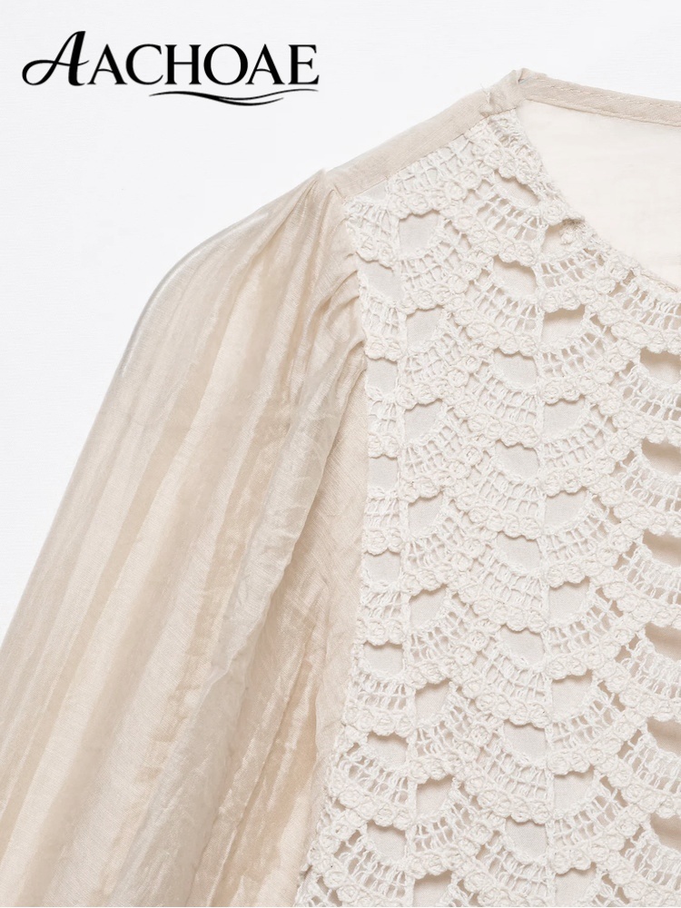 AACHOAE Blouse en dentelle pour femme, style peplum, manches bouffantes, haut en crochet, col rond élégant, ourlet à volants, coupe ample, chemise d'été, haut vintage bohème