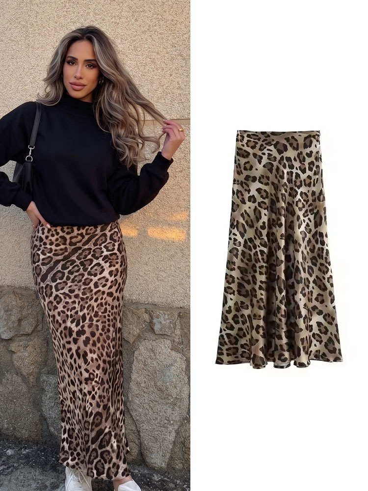 Jupe longue à imprimé léopard pour femmes HH, mode estivale, jupes imprimées en satin vintage, mode vintage, streetwear décontracté, jupes midi