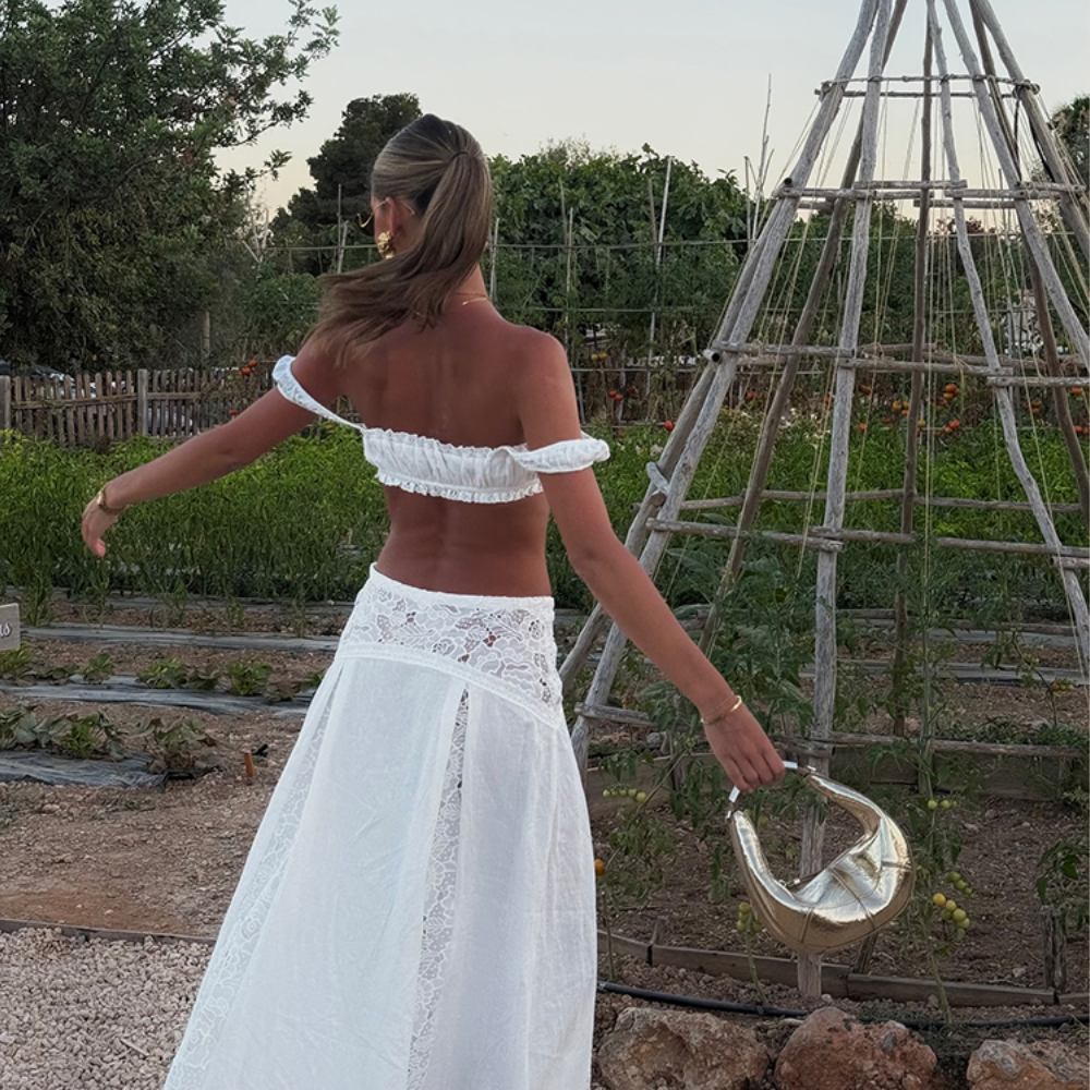 Ensemble 2 pièces Boho Vintage pour femmes, haut caraco à nouer et jupe longue en dentelle Patchwork, taille basse, pour vacances d'été, pour fête sur la plage