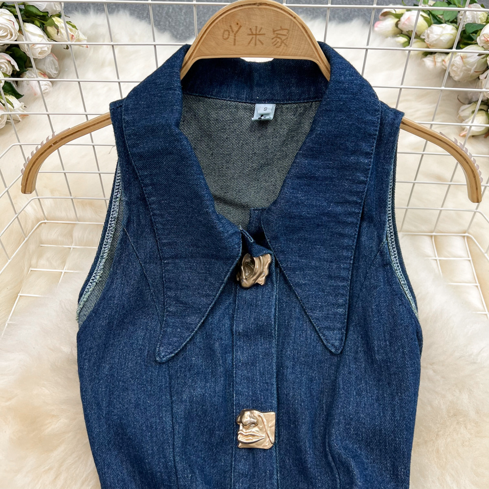 Robe en jean pour femmes, longue, taille haute, ligne A, col rabattu, sans manches, élégante, Y2k, Streetwear, maman, Slim, 2025