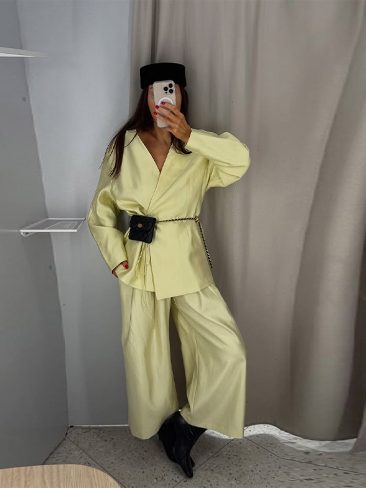 Ensemble veste et pantalon style kimono pour femme, veste ample à col en V avec lacets latéraux, pantalon large, tenue élégante pour le travail, printemps 2026