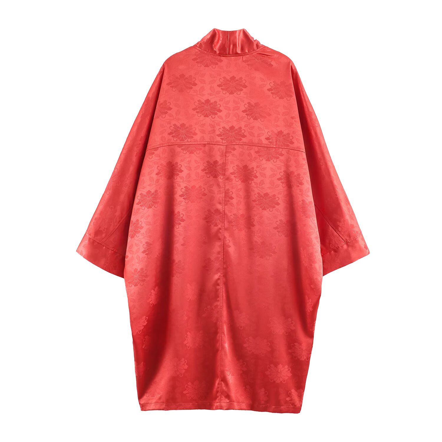 Cardigan long en satin pour femme, style vintage streetwear, imprimé floral rouge, manches chauve-souris, coupe ample et décontractée, collection été 2026