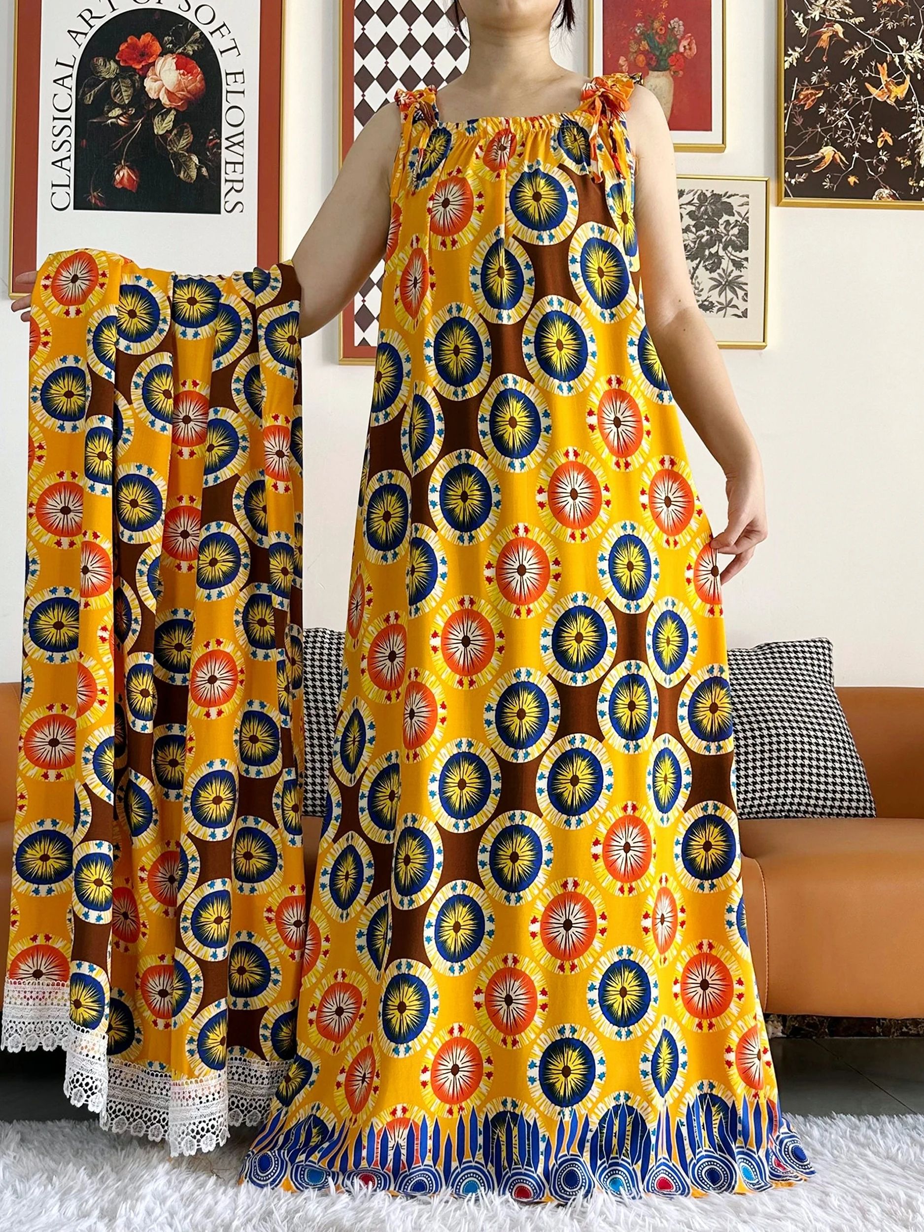 Robe Dashiki pour femmes africaines, kaftan, abaya, en coton, imprimé floral, décontracté, avec grande écharpe, nouvelle collection été