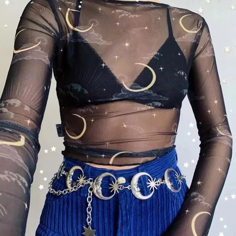 Ceinture de mode pour femme, chaîne fine en métal doré et argenté, style gothique, avec pendentif lune argenté, vintage, pour taille haute