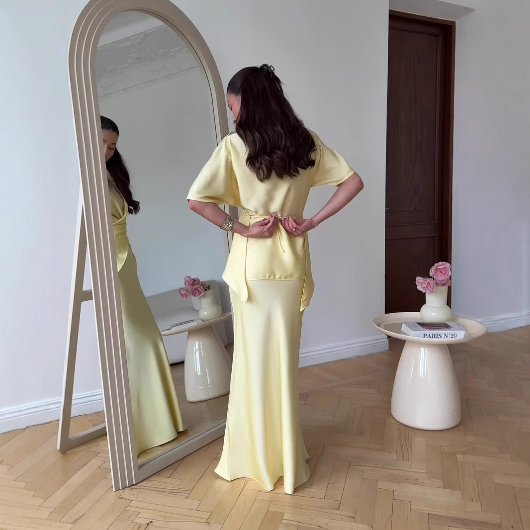 Ensemble jupe 2 pièces pour femmes, costume de fête, haut, jupes longues, asymétrique, à lacets, taille serrée, tenues d'été 2025, 2025