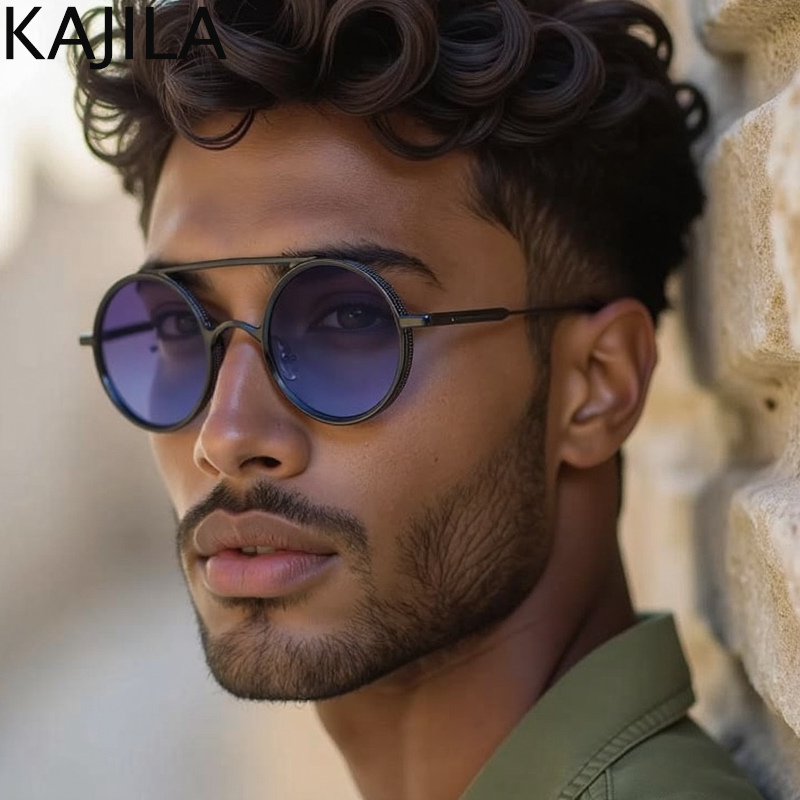 Petit Rond Steampunk lunettes de Soleil Hommes 2025 De Luxe Marque Vintage En Métal Cadre Punk Lunettes de Soleil pour Mâle Double Faisceau Nuances UV400