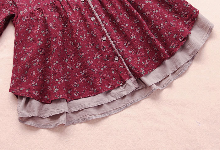 Nouvelle Blouse Femme Automne Manches Longues Coton Lin Imprimé Floral Rétro Japonais Vintage Col V Dentelle Chemise 2022