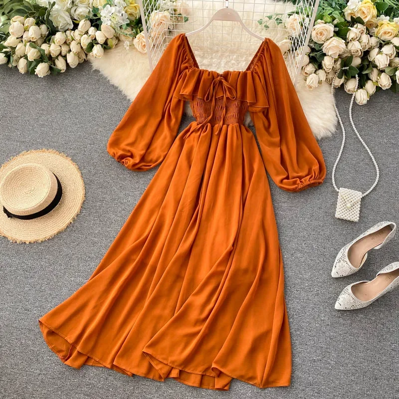 Robe Maxi élégante à col carré pour femmes, en mousseline de soie unie, manches bouffantes, Vintage, Robe de soirée de plage, à volants, Chic, Y2K