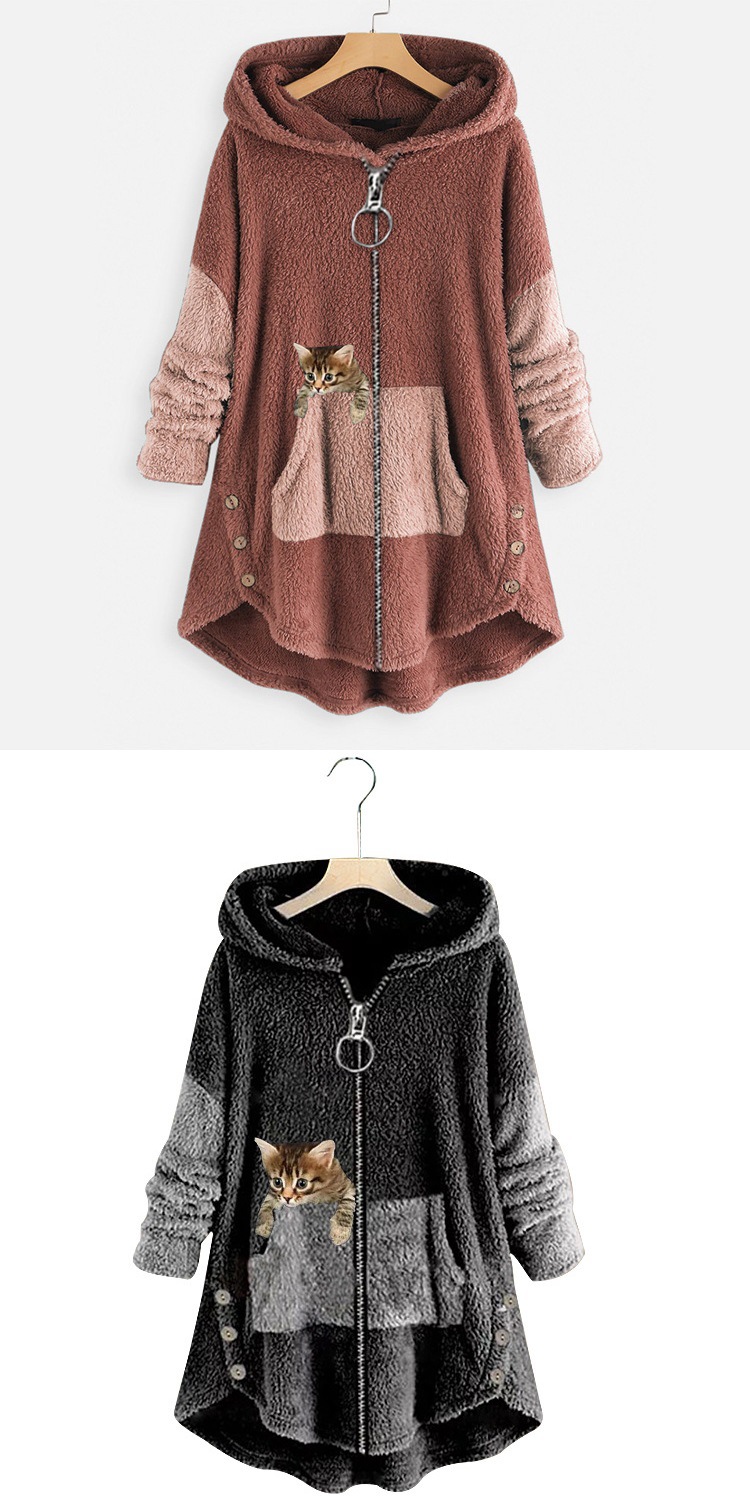 Manteau à capuche veste femmes sweat à capuche Patchwork chat imprimé fermeture éclair épais pardessus Streetwear femme automne hiver vêtements d'extérieur