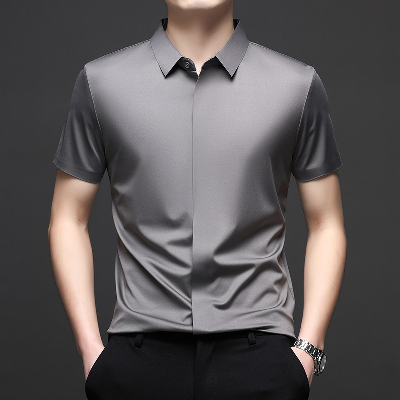 Chemise à manches courtes en soie pour hommes, Business décontracté, extensible, couleur Pure, affaires commerciales, haut décontracté