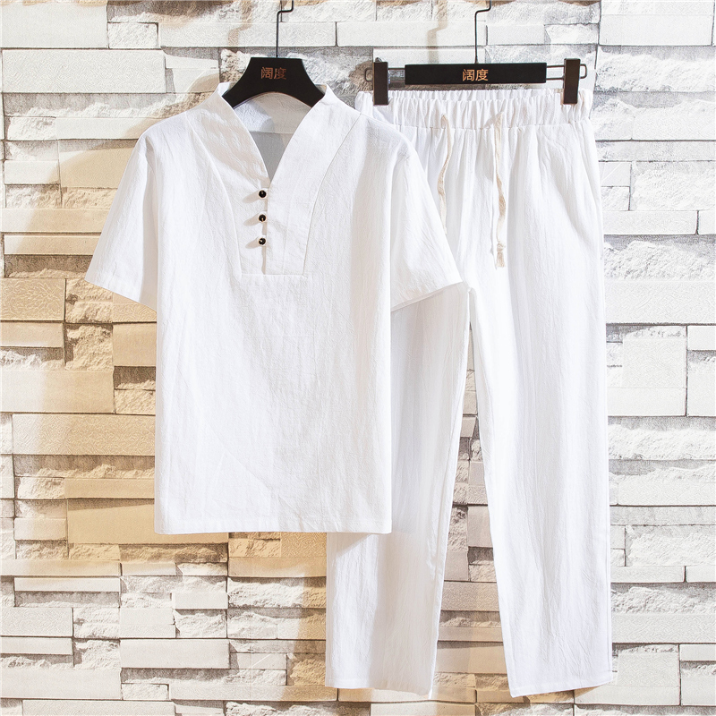 (Chemise + pantalon) chemise d'été pour homme Chemises en coton pour homme Chemises décontractées à manches courtes pour homme Un ensemble de vêtements taille M-5XL