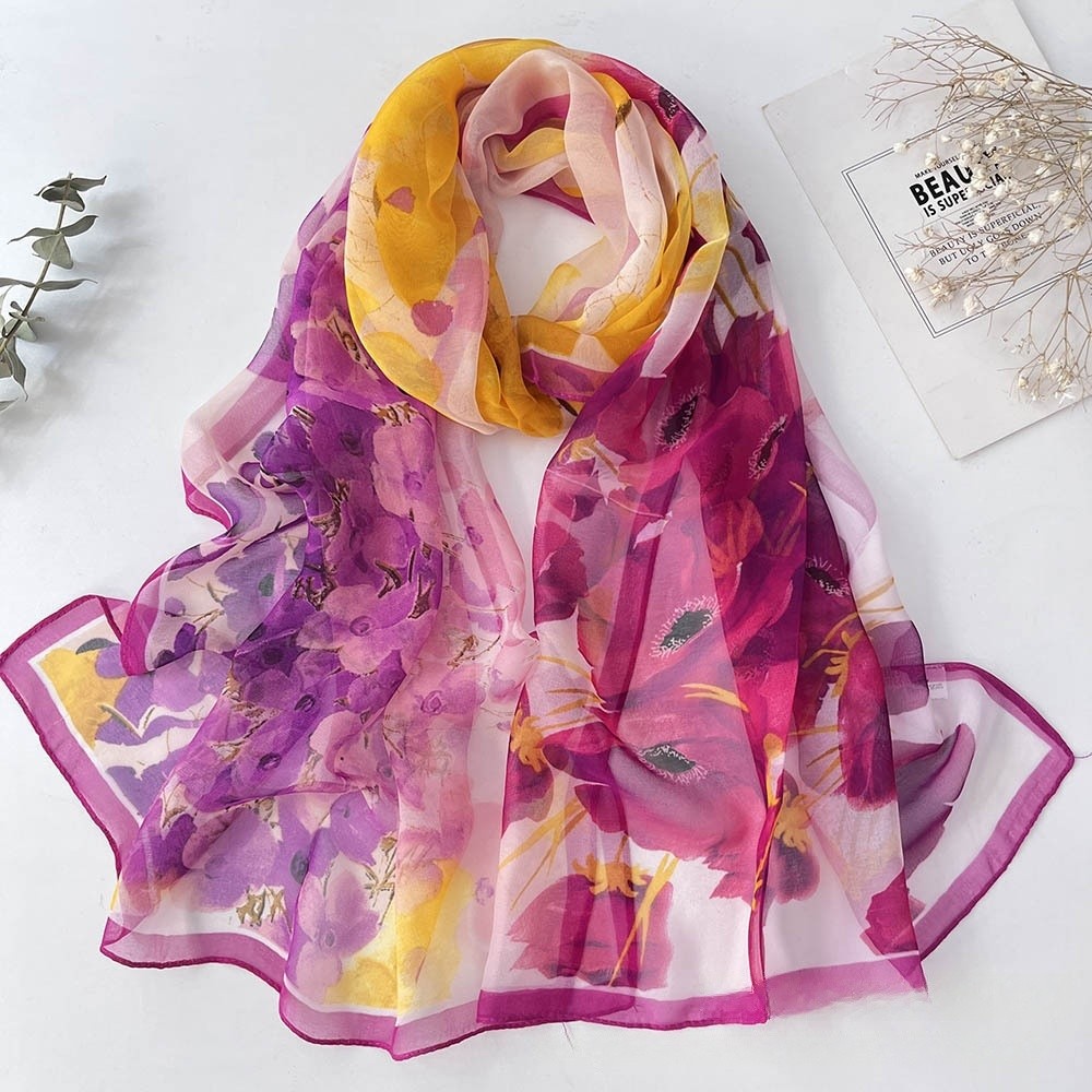 Écharpe en mousseline de soie florale pour femme – Georgette soyeuse 160x50cm, enveloppement de plage d'été léger et hijab de protection solaire