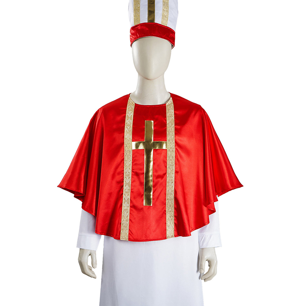 Costume de Prêtre Rétro pour Hommes Adultes, Robe Médiévale de Pape, Cape et Chapeau de Pasteur, Tenue de Fête d'Halloween et de Carnaval