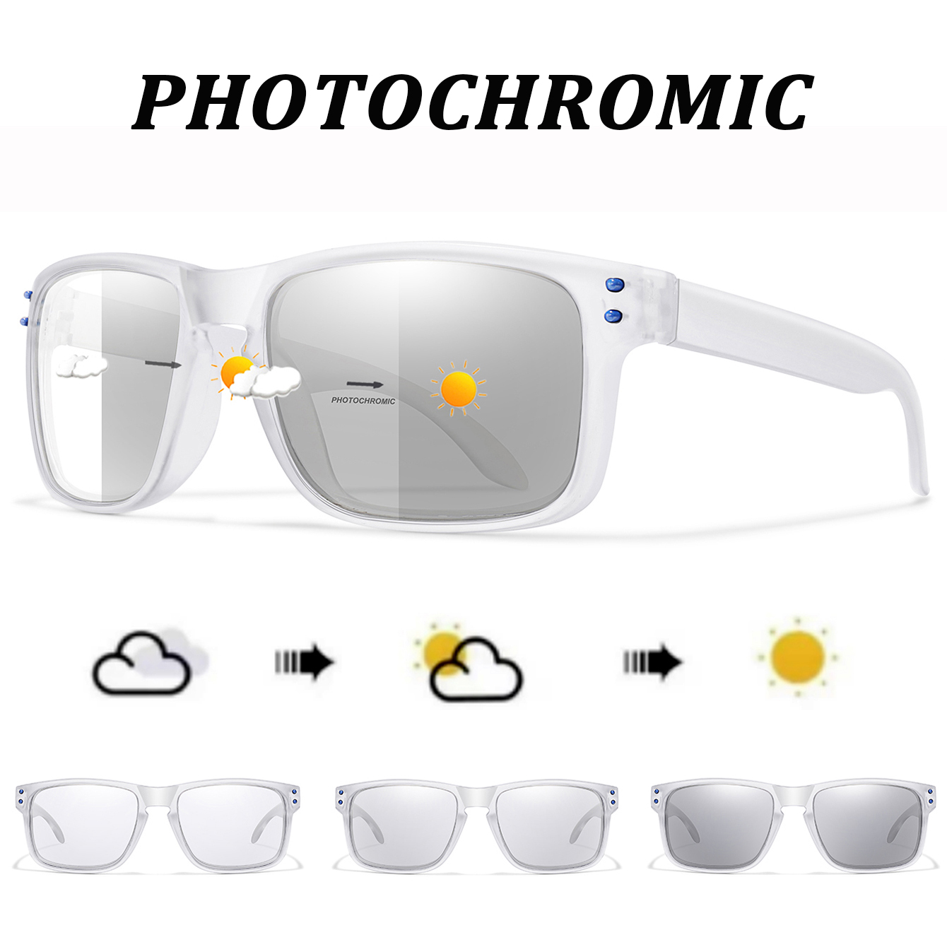 Lunettes de soleil photochromiques vintage pour hommes et femmes, monture carrée classique avec rivets pour les sports de plein air, la course à pied, le cyclisme