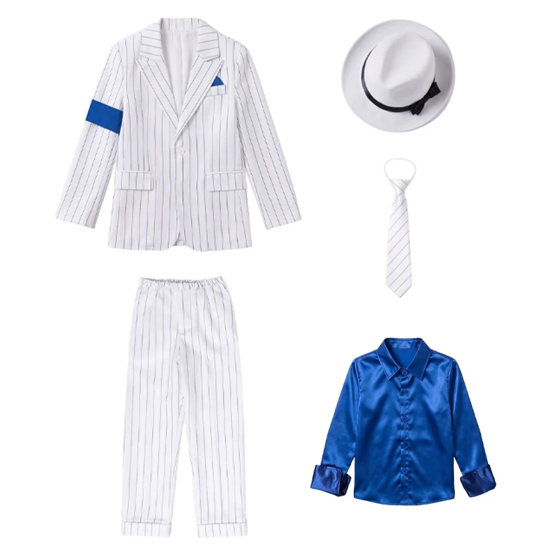 Costume de cosplay Michael Jackson Smooth Criminal, blazer blanc, pantalon, chemise bleue, cravate, chapeau, MJ King of Pop, robe de carnaval d'Halloween