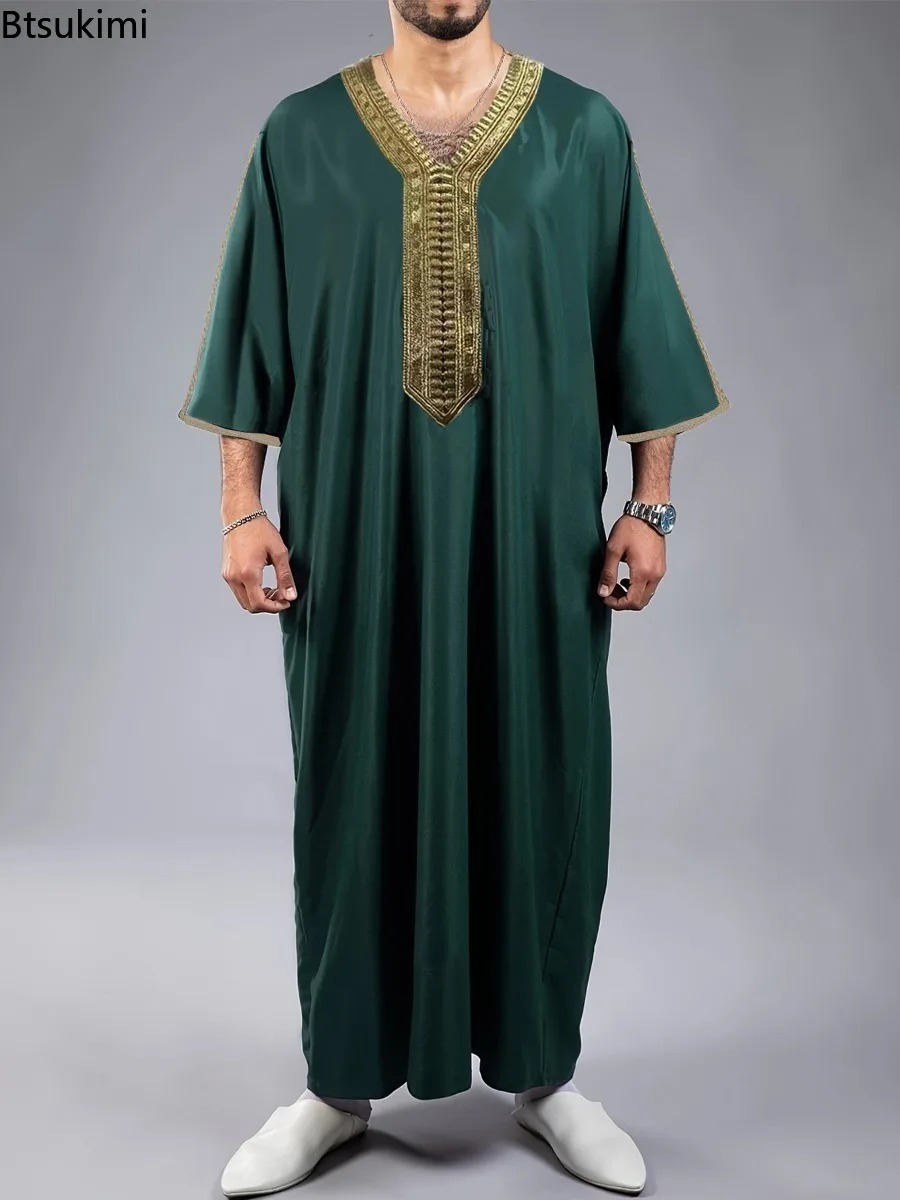 Kaftan Eid 2026, mode musulmane, abaya pour hommes, manches courtes, broderie, robe décontractée ample et respirante, robe caftan arabe islamique de Dubaï