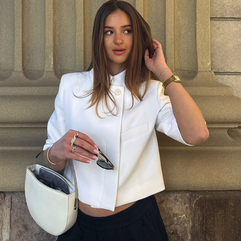 Blazer court à manches courtes pour femme, élégant, col montant, nouvelle tendance, style décontracté urbain