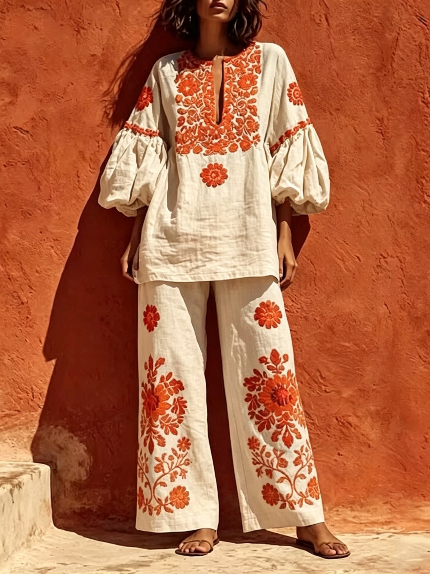 Ensemble 2 pièces bohème en lin pour femme, imprimé floral, chemisier à manches lanternes col rond et pantalon large, style vintage pour vacances et plage