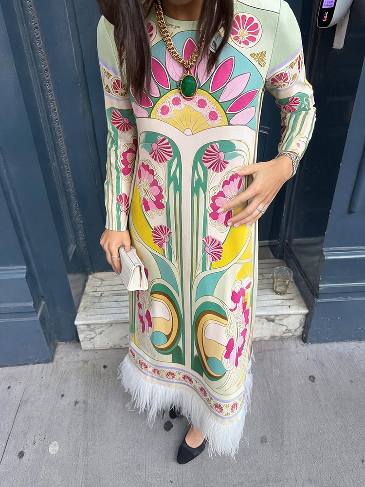 Robe longue vintage à imprimé plumes et pompons pour femme, style bohème, en satin, à manches longues, coupe droite ample, pour les vacances d'été 2026, idéale pour les soirées.