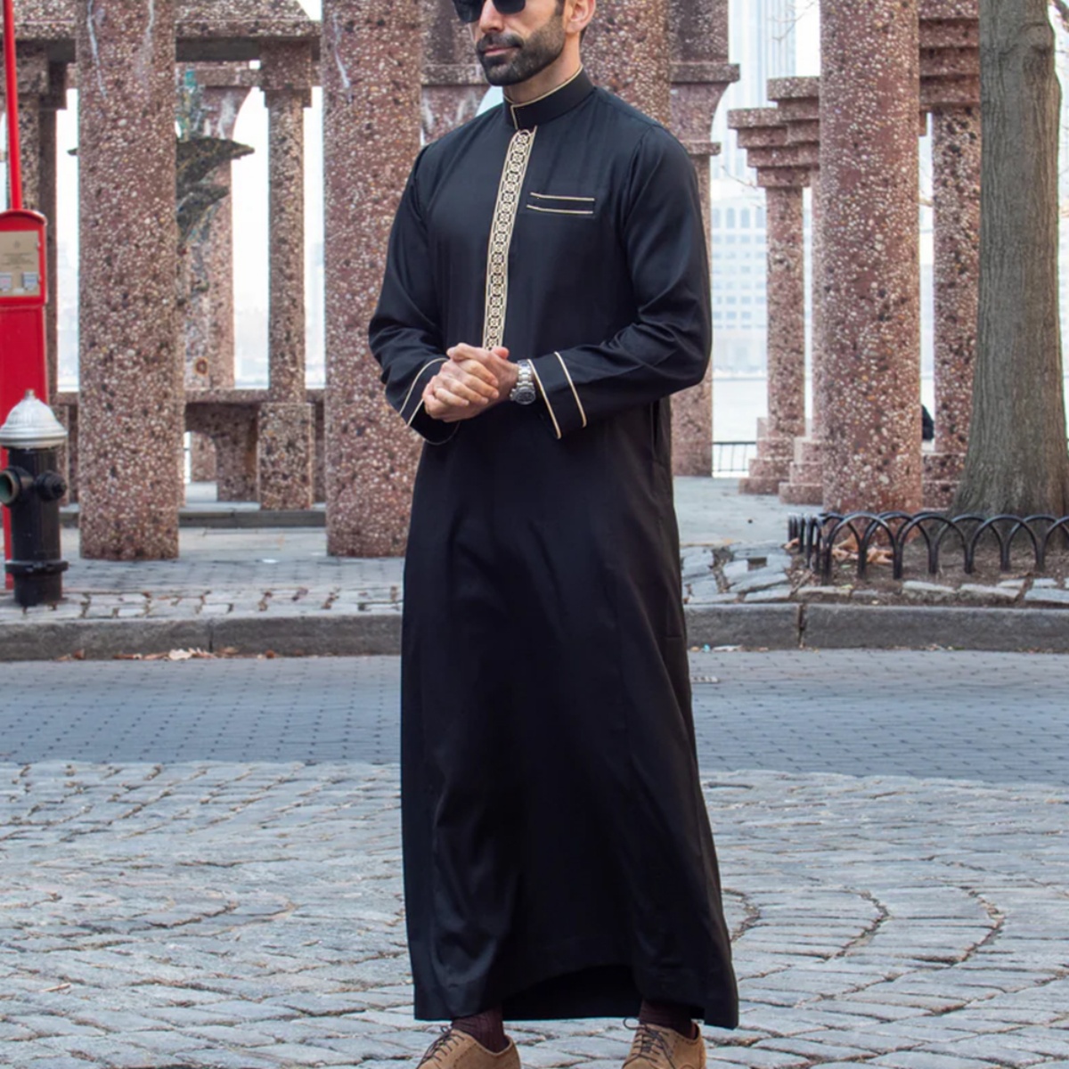 Robe longue islamique pour hommes musulmans arabes, col montant brodé, thobe traditionnel, vêtements traditionnels pour hommes