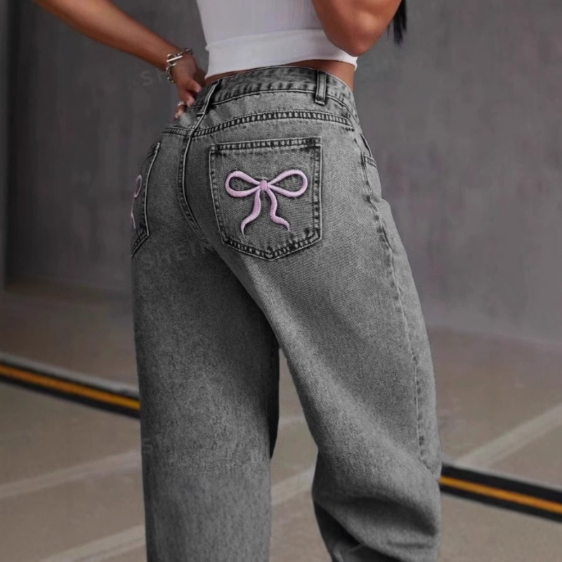 Jeans vintage pour hommes avec broderie nœud, pantalon en denim délavé, coupe ample unisexe style Harajuku, jambe droite, streetwear, mode décontractée, nouvelle tendance