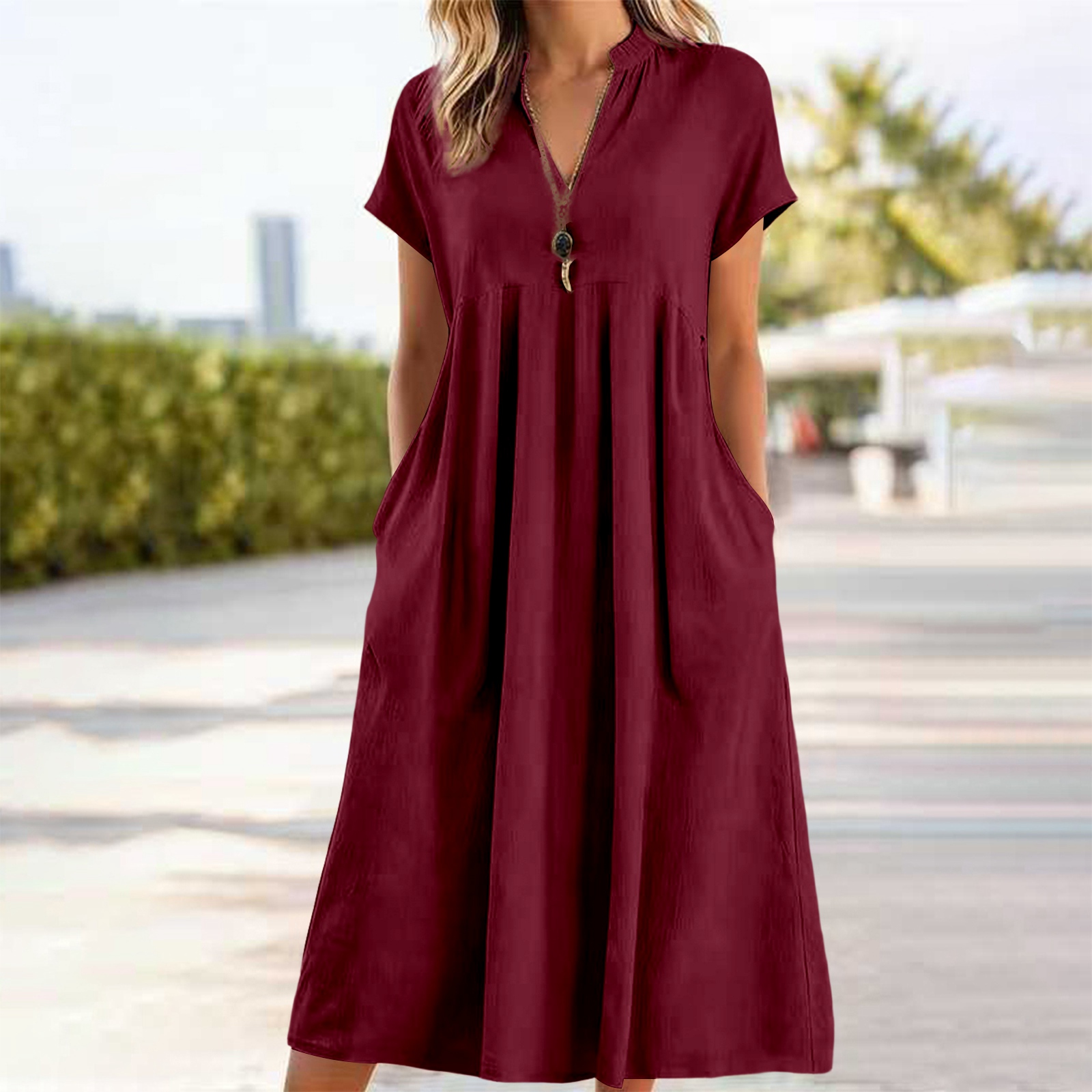 Robe midi en coton et lin pour femme, col en V ample, manches courtes, coupe trapèze, unie, décontractée, robe d'été pour la plage avec poches