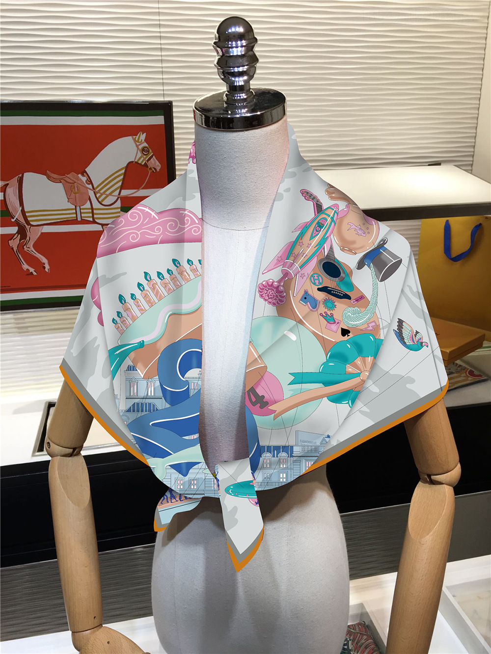 Foulard en soie sergé châle marque de luxe Fubao City Architecture Foulard carré femmes Hijabs Bandana Foulard foulard foulards