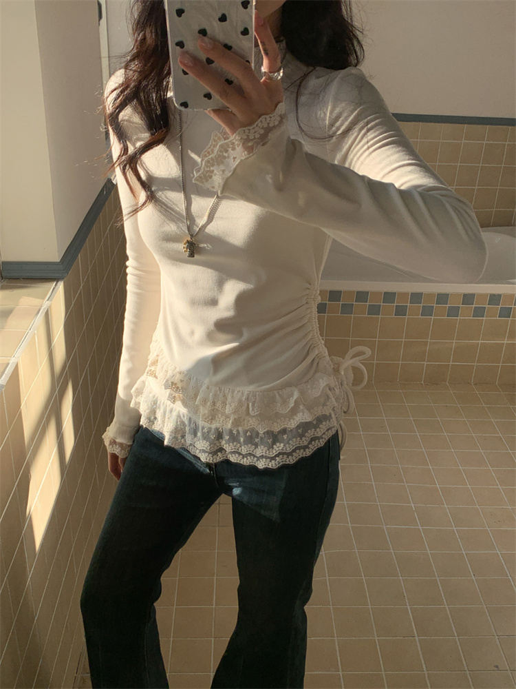 Chic dentelle Patchwork à manches longues T-shirt chemise de Base pour les femmes hiver mince demi-col haut pull