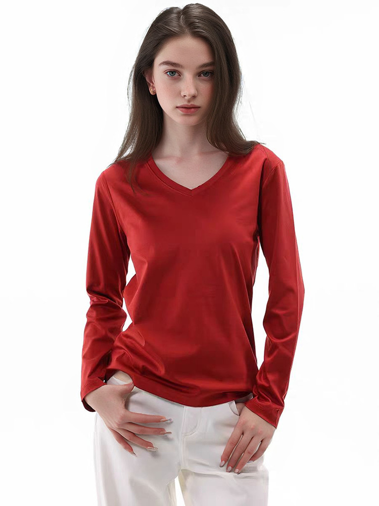 T-shirt à manches longues en coton et soie de mûrier pour femmes, 6% de soie, col rond, col en V, lisse, basique, ample