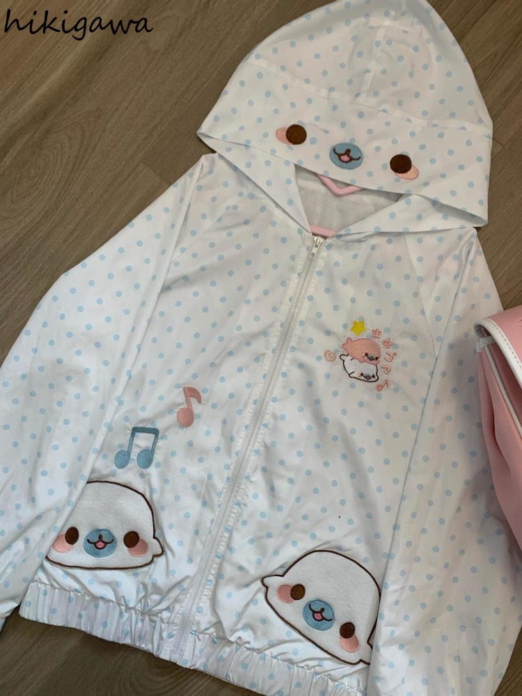 Manteaux mignons japonais à imprimé dessin animé, vêtements d'extérieur fins d'été 2026, vestes à capuche à pois pour femme, hauts décontractés chics amples anti-UV