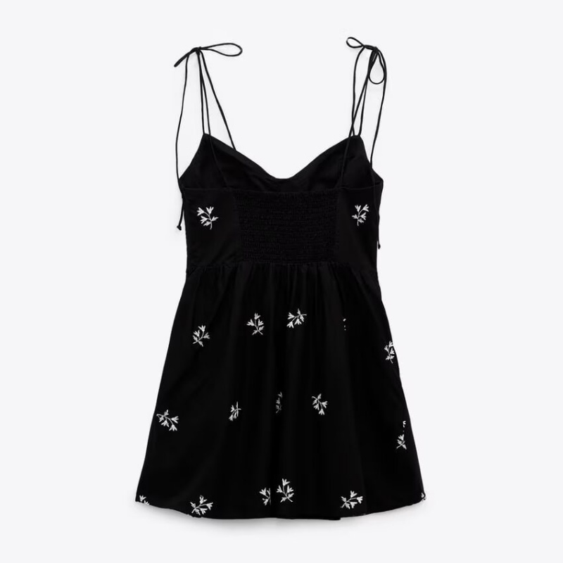 Robe noire pour femme, en taffetas, broderie florale, robe de fée courte, col en V sans manches, bretelles réglables, dos nu, pure et élégante