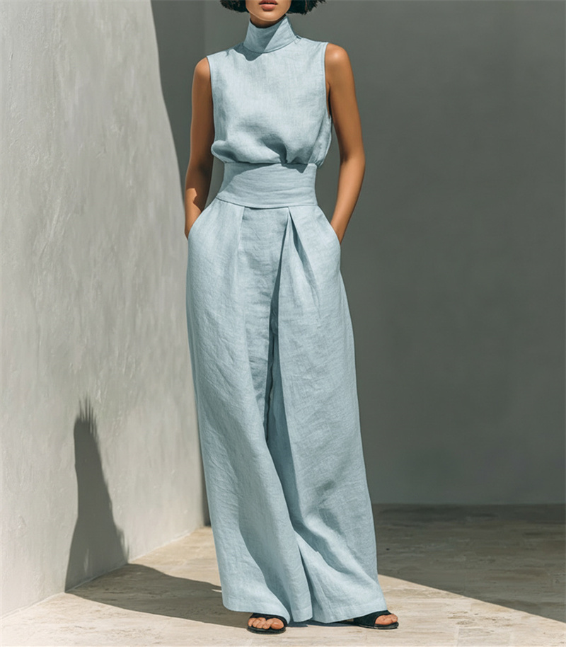 Ensemble décontracté d'été pour femme, en coton et lin, haut sans manches et pantalon large, 2 pièces, pour le bureau, collection 2026