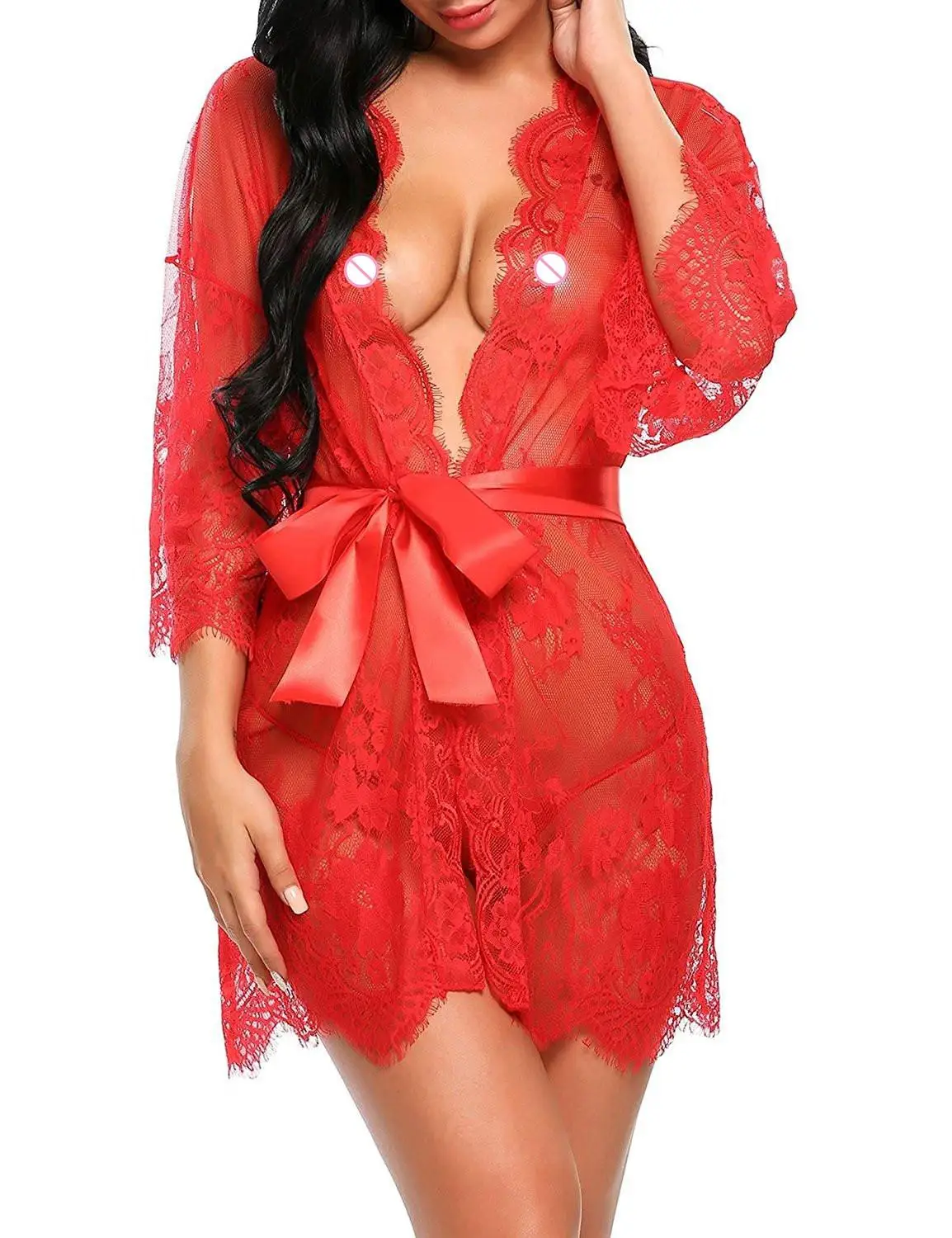 Lingerie sexy pour femmes, robe de nuit transparente en dentelle à col en V, babydoll, robe de nuit, string, costume kimono, vêtements de nuit